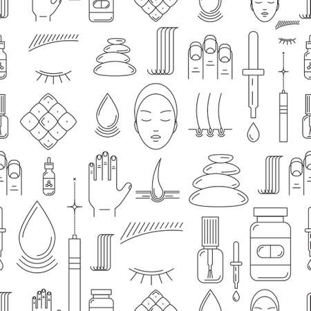 Vector seamless pattern on the theme of beauty and health of hair, skin and nails. Made in trendy line color style. Medical cosmetology.のイラスト素材