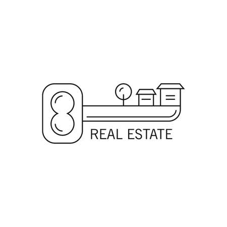Vector logo with the image of keys and silhouettes of houses and tree. It can be used for a real estate agency, workshop for the production of keys. Made in trendy line style.のイラスト素材