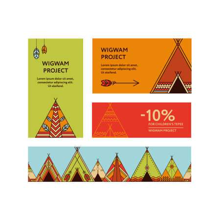Business cards and promotional  banners with a picture of wigwams. Seamless border decorated wigwams with ornamental elements. Line style. Boho elements. templateのイラスト素材