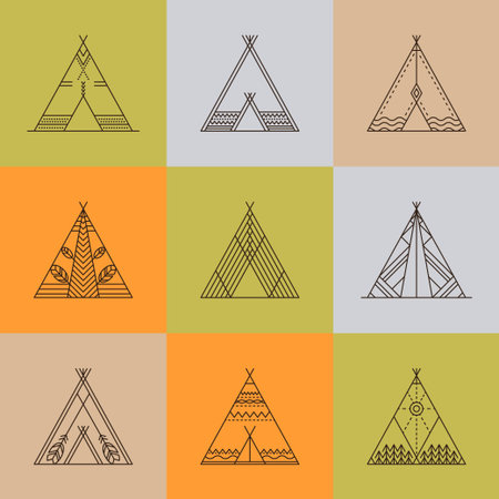 Wigwams with ornamental elements. Line style. Boho elements. illustration