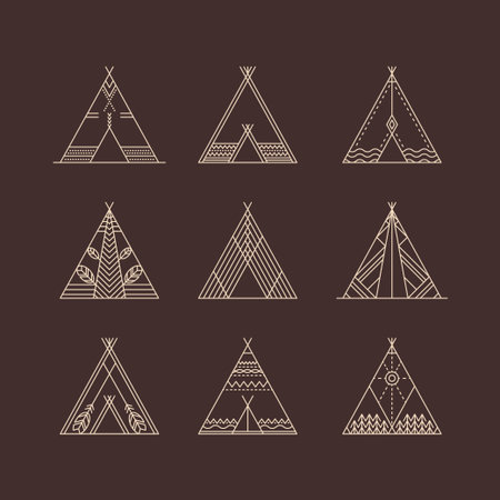 Wigwams with ornamental elements. Line style. Boho elements. illustration