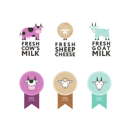 Set of modern flat  for dairy products. Cow and goat milk, sheep cheese. Bright unusual colors, flat styleのイラスト素材