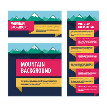 Set of advertising layout templates with a picture of mountains and tags. Trendy geometric shapes, bright modern colors. illustration.のイラスト素材