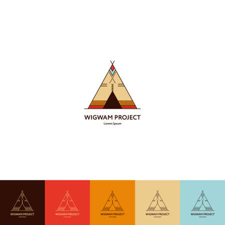 Set of wigwam . Colorful and line style. Indian teepee with ornamental elements. Boho elements. illustrationのイラスト素材