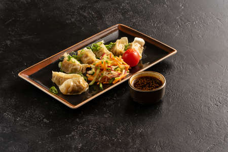 Boiled dumplings with fresh vegetables, cabbage, radishes, carrots, cucumber, green onions and soy sauce with sesame seeds. Pan-Asian and Asian food and dishes on a stylish concrete kitchen table.の写真素材