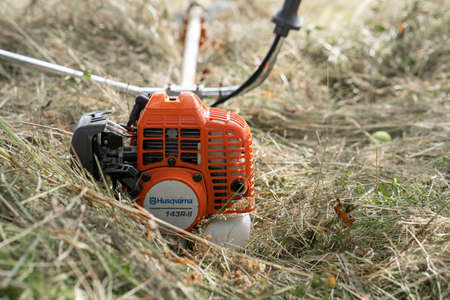 Minsk, Belarus - 02/08/2020 Petrol scythe trimmer brushcutter Husqvarna 143R-II lies on the mown hay after mowing tall grass in the garden of a country house.のeditorial素材