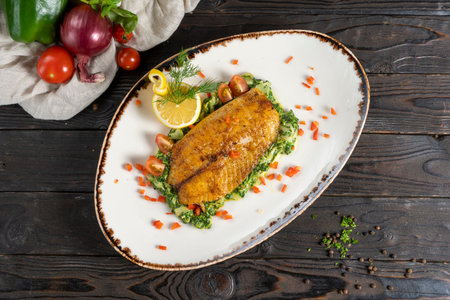 Fried tealapia fish steak with spinach puree and pesto, garnished with lemon. A hot second course of...