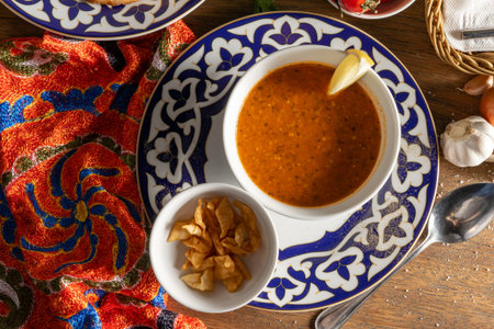 Uzbek soup made from lentils, onions, mint and tomato paste. Served with lemon and fried pita bread
