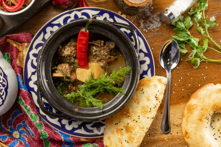 Traditional Uzbek hot dish Dymlyama. Lamb stew with potatoes and vegetables.の写真素材