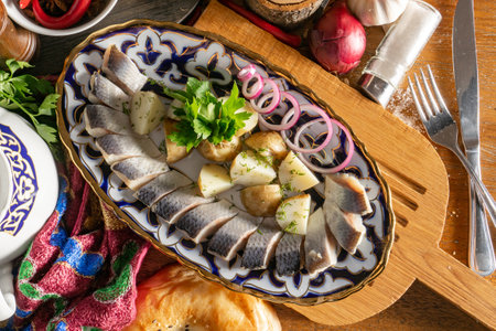 Slices of sliced salted herring with boiled new potatoes, red onion and parsley in a traditional Uzbek dishの写真素材