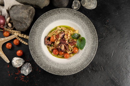 Boiled tagliatelle pasta with octopus and cherry tomatoesの写真素材