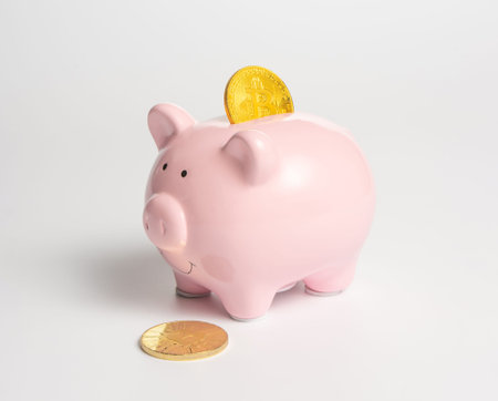A classic pink piggy bank with a cryptocurrency symbol - a bitcoin gold coin