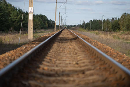 Far away on the horizon, the locomotive of the train is moving towards the camera along the railway rails on a clear summer dayの写真素材