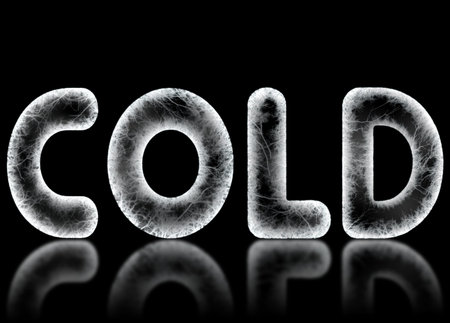 The word COLD is spelled in frosty frozen letters on a black background with a reflection. Computer generated.の写真素材