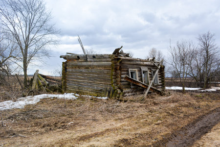 Sometimes villages are abandoned and destroyed wooden housesの写真素材