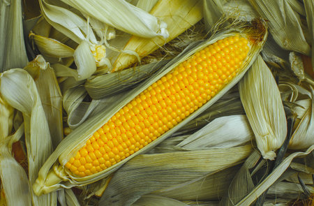 Young, juicy, ripe, raw ear of corn lying on the green tops. Corn harvest collection