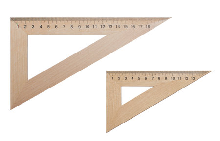 Two triangular ruler made of wood 20 and 15 centimeters on a white, isolated background. Office...