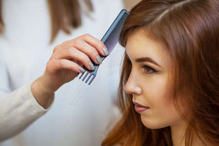 Hairdresser combing her long, red hair of his client in the beauty salon. Professional hair care and creating hairstyles.の写真素材