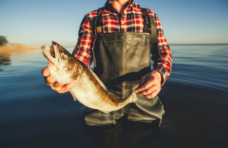 One man - a fisherman standing in the water holding in his hand caught on spinning pike.の写真素材