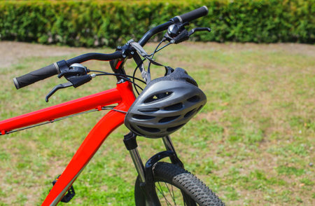 The front part of the bicycle is red-wheel, wheel and frame close-up.の写真素材
