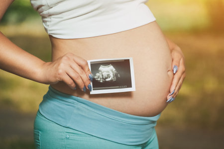 Adult pregnant woman holding a photo Medical ultrasound near the abdomen on a nature background.