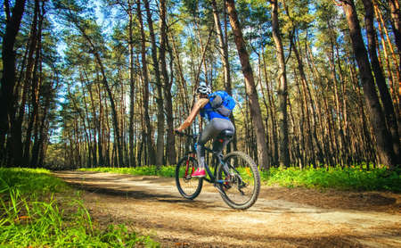 One young woman - cyclist in a helmet riding a mountain bike outside the city, on the road in a pine forest on a summer day.の写真素材