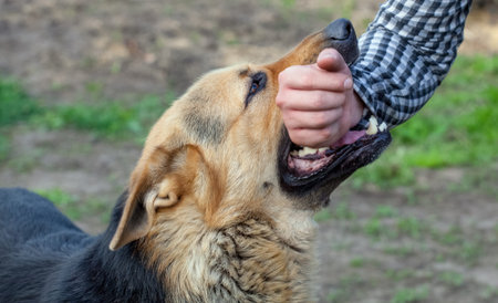 A male German shepherd bites a man by the hand.