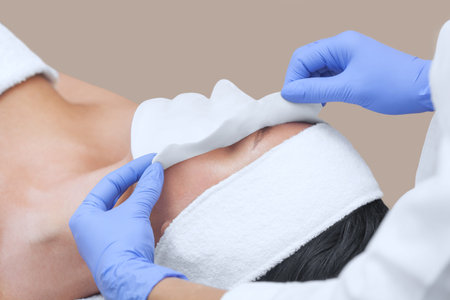The cosmetologist for procedure of cleansing and moisturizing the skin, applying a Alginic mask to...