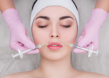 The doctor cosmetologist makes the Rejuvenating facial injections procedure for tightening and...
