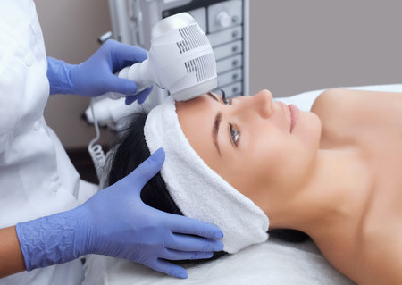 The doctor-cosmetologist makes the procedure Cryotherapy of the facial skin of a beautiful, young...