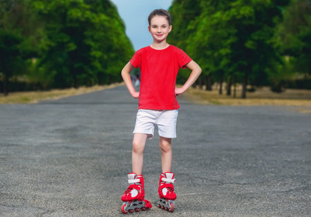 Little girl roller-skating in the summer in the park.の写真素材