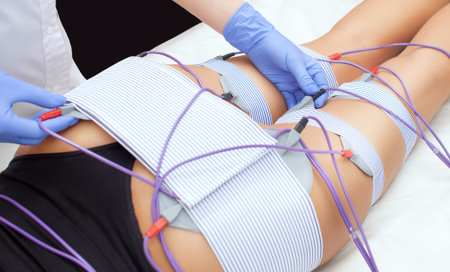 The procedure of myostimulation on the legs and buttocks of a woman in a beauty salon. Caring for...