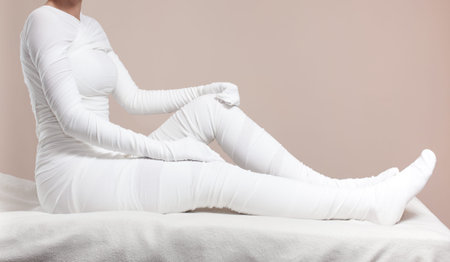 The cosmetologist wraps the leg of the customer. Anti-cellulite procedure-STYX wrap.