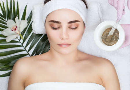 The procedure for applying a mask from clay to the face of a beautiful woman. Spa treatments and care of the face in the beauty salon.の写真素材