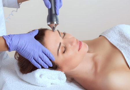 The cosmetologist is doing the procedure of cleaning facial skin of a beautiful, young woman in a...