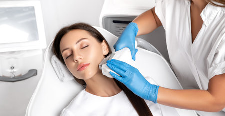 Elos epilation hair removal procedure on the face of a woman. Beautician doing laser rejuvenation in...