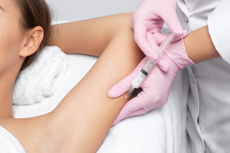 Aesthetic cosmetologist makes lipolytic injections to burn fat on the arm and body of a woman....