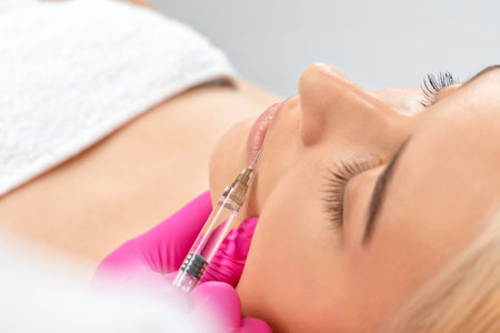 Cosmetologist does injections for lips augmentation and anti wrinkle in the nasolabial folds of a...