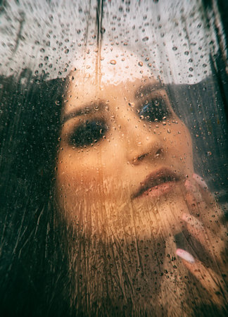 A girl is sitting in front of a window, the weather is rainy. Raindrops are visible on the window.の写真素材