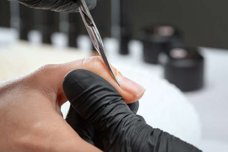 A manicurist removes cuticles during a nail extension procedure in a beauty salon. Professional hand care.の写真素材