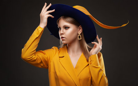 Portrait of an attractive girl with healthy clean skin and beautiful makeup. She is wearing a yellow...
