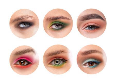 Eyes with beautiful make-up of different girls. looking at the camera. Professional makeup and cosmetology skincare.の写真素材