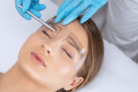 Make-up artist makes markings with white pencil for eyebrow and paints eyebrows. Professional makeup...