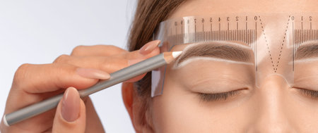 Make-up artist makes markings with white pencil for eyebrow and paints eyebrows. Professional makeup...