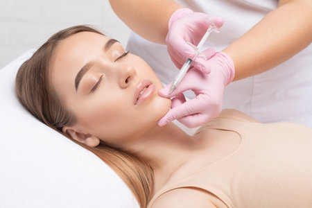 Cosmetologist makes lipolytic injections to burn fat on the chin, cheeks and neck of a woman against double chin. Female aesthetic cosmetology in a beauty salon.Cosmetology concept.の写真素材
