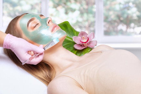Beautician makes a face mask of a woman to rejuvenate the skin. Cosmetology treatment of problem skin on the face and body.の写真素材