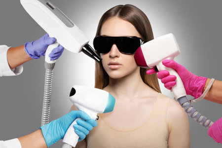 Elos epilation hair removal procedure on the face of a woman. Beautician doing laser rejuvenation in a beauty salon. facial skincare. hardware ipl cosmetologyの写真素材