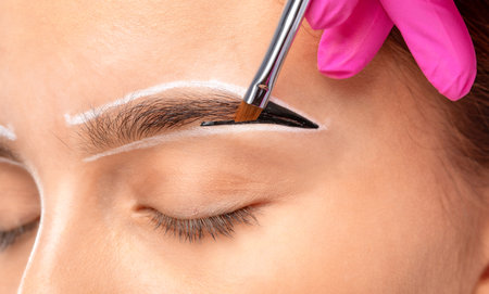 The make-up artist makes markings with a white eyebrow pencil and applies paint on the eyebrows. Professional make-up and face care.の写真素材