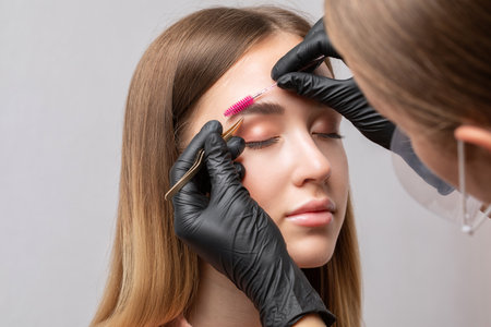 Makeup artist plucks eyebrows before dyeing in a beauty salon. Professional make-up and cosmetic skin care.の写真素材