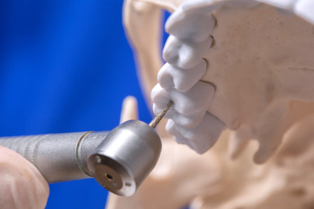 Treatment of toothache. Doctor dentist holds a plastic human skull and treats teeth.の写真素材